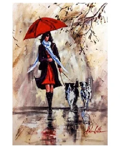 DIAMOND PAINTING ΜΕ ΧΑΝΤΡΕΣ 20Χ30cm ΚΩΔ.10286 ΓΥΝΑΙΚΑ ΜΕ ΚΟΚΚΙΝΗ ΟΜΠΡΕΛΑ ΚΑΙ 2 ΣΚΥΛΑΚΙΑ